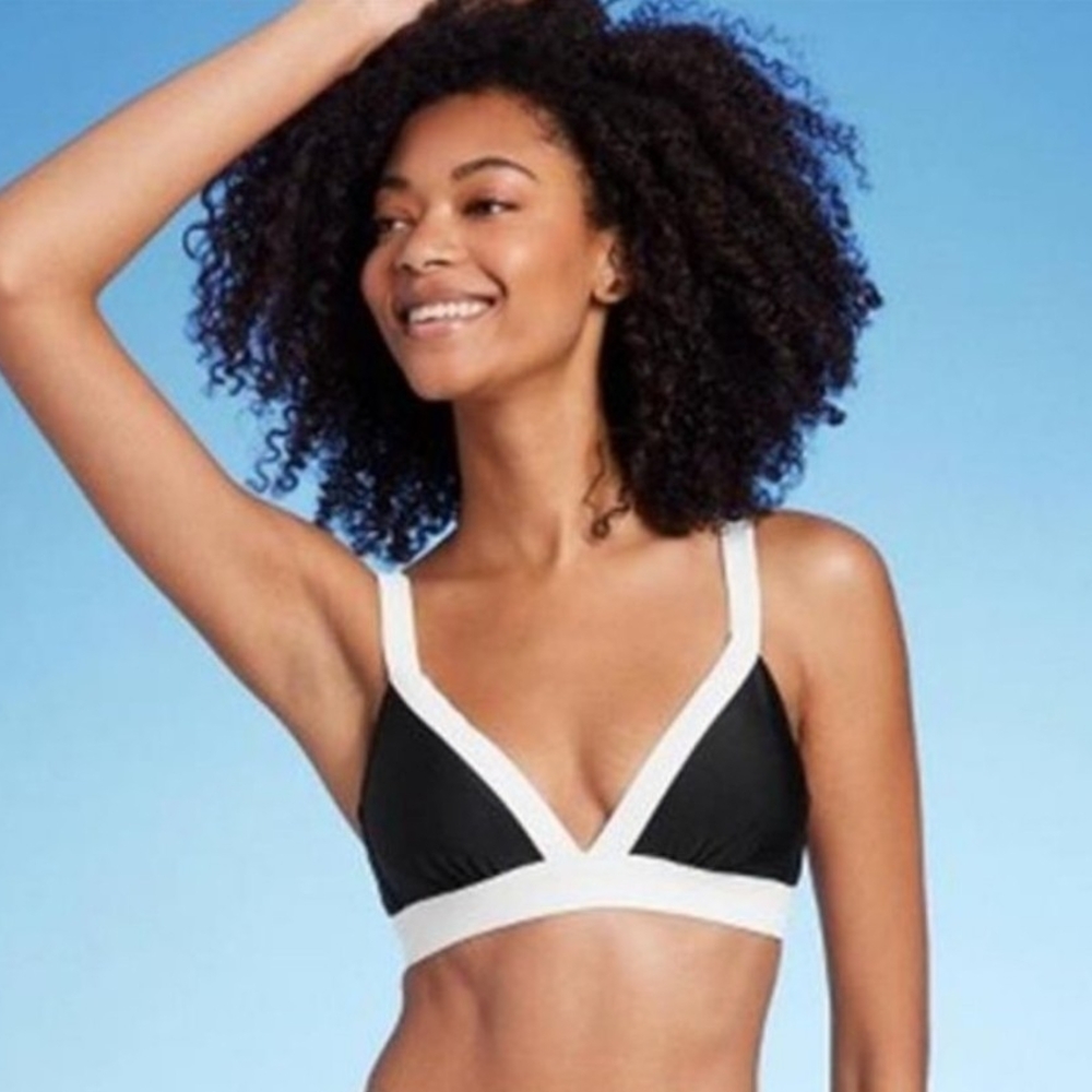 Black With White Trim-Wide Band Triangle Bralette Bikini Top